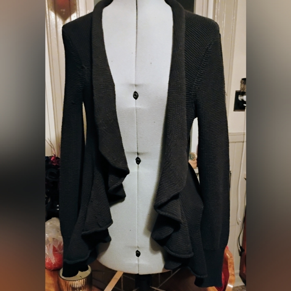 Free People Black Ruffle Open Cardigan Sweater